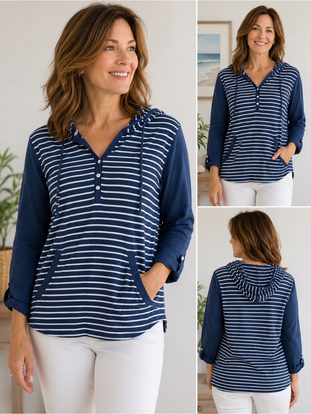 J. Jill Linen Blend Navy White Striped Hoodie Top Petite Large Coastal Casual